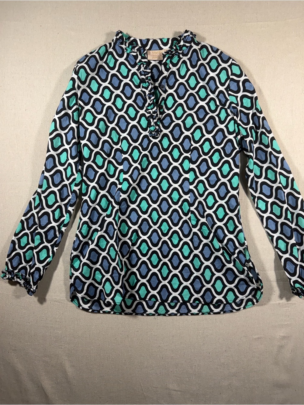 Ruffle-Neck Geometric Print Blouse - Blue & Teal